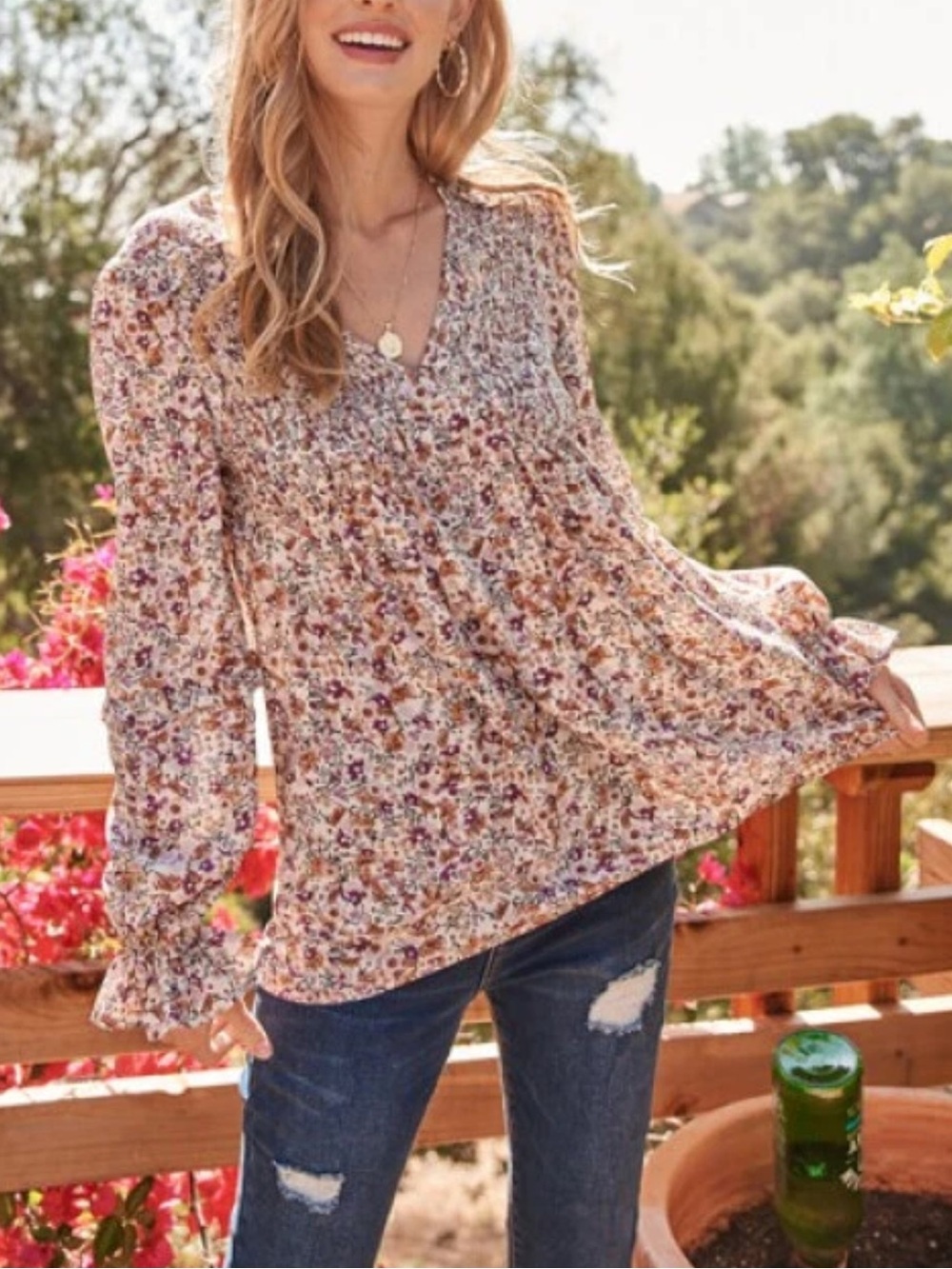 Hailey & Co. Floral Smocked V-Neck Flounce Sleeve Boho Blouse Size Medium